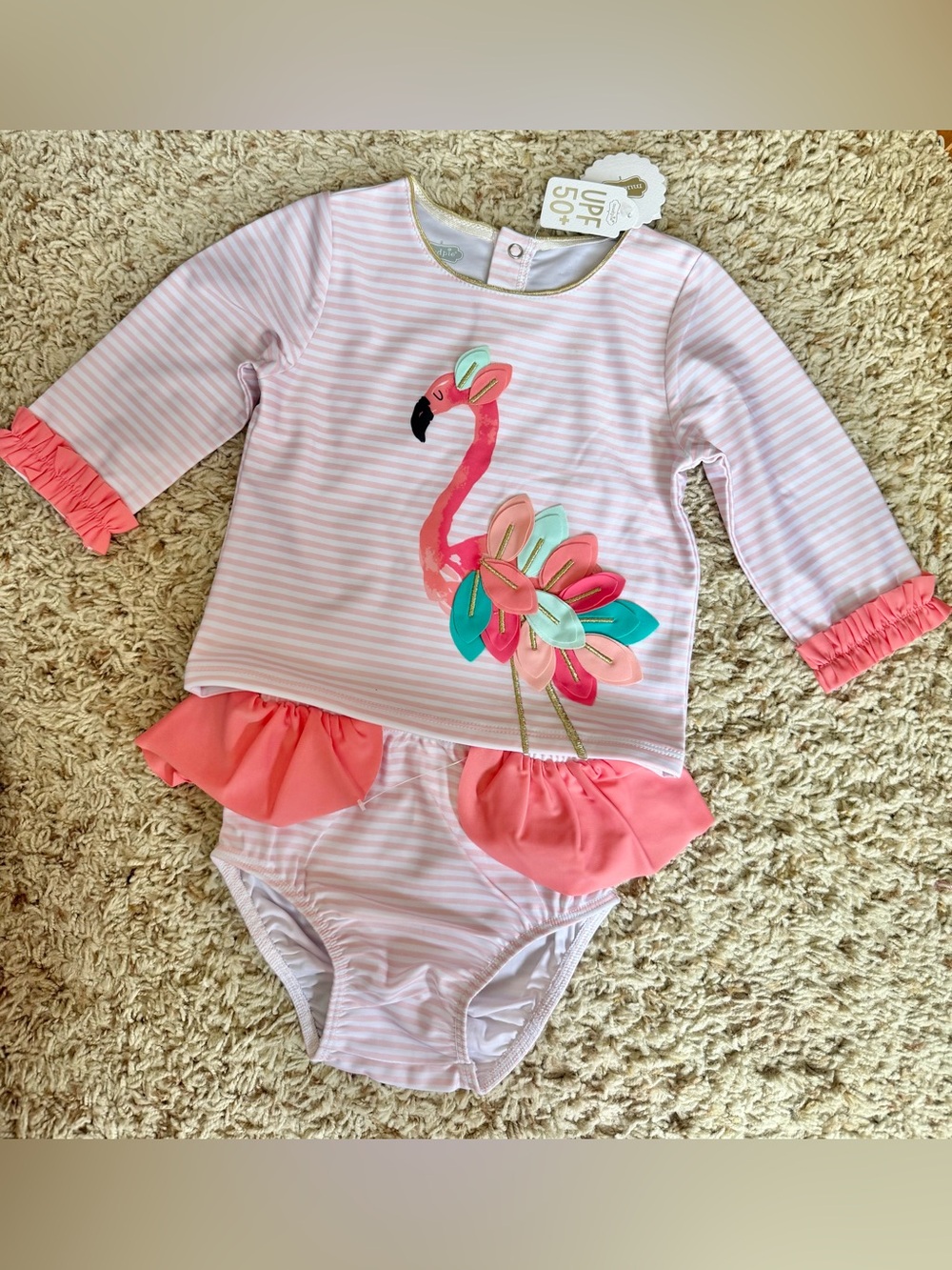Mud Pie Girl’s Pink Stripe Flamingo Ruffle Long-Sleeve Swim Set 3T